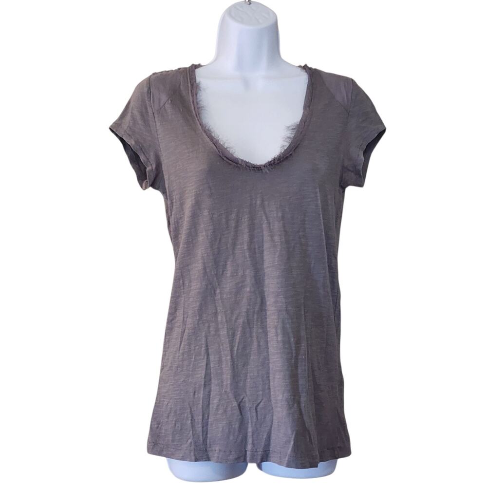 Ann Taylor LOFT Womens Long Basic Tee Size S Gray Pleated Scoop Fringe Neck Top